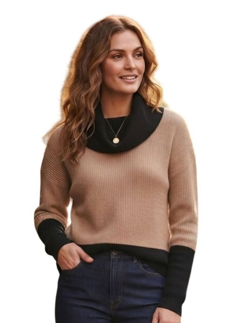 Lord & Taylor Neutral Black Tan Cowl Neck Cashmere Tunic Sweater Size M